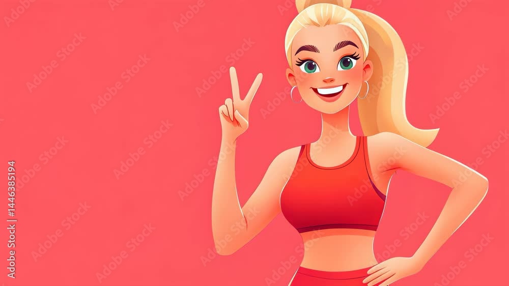 Vibrant cartoon woman in red sportswear, cheerfully posing with a peace sign against a playful pink backdrop. Vibrant cartoon woman in red sportswear, cheerfully posing with a peace sign against a playful pink backdrop.