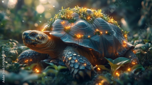 Turtle with plants and glowing light on carapace crawling in nature, detailed scutes and shell texture in focus, on a transparent background, PNG image, PNG file.