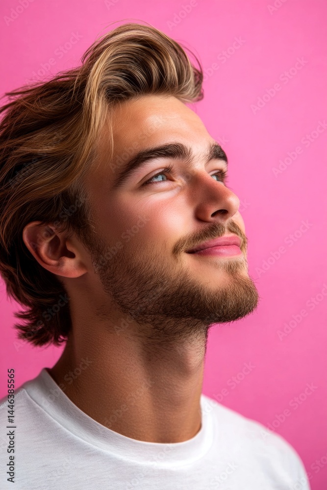 Fototapeta premium Elegant men's shoulder-length taper haircut - midlife white man with blond hair. A man with natural beauty and a confident stance. Pink solid background. Visual idea of style for aging men.