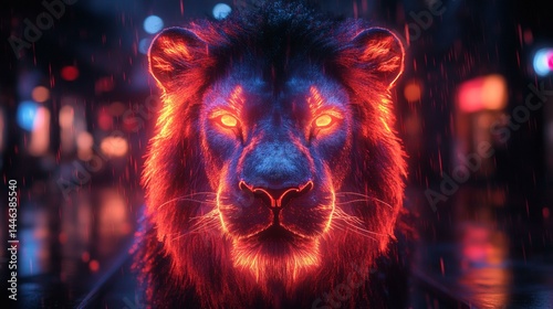 Mystical glowing lion with intense gaze, neon fur and nocturnal cityscape in backdrop, vibrant and bold colorization on a transparent background, PNG image, PNG file.