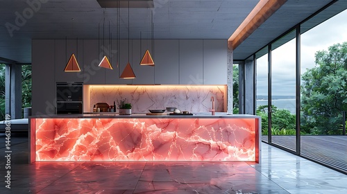 Designer kitchen island with backlit marble high resolution image