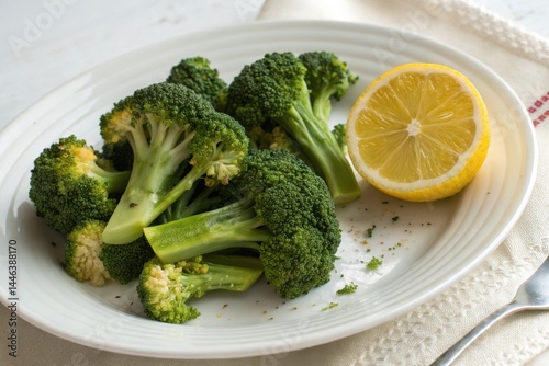 A plate of broccoli and a lemon sits on a table