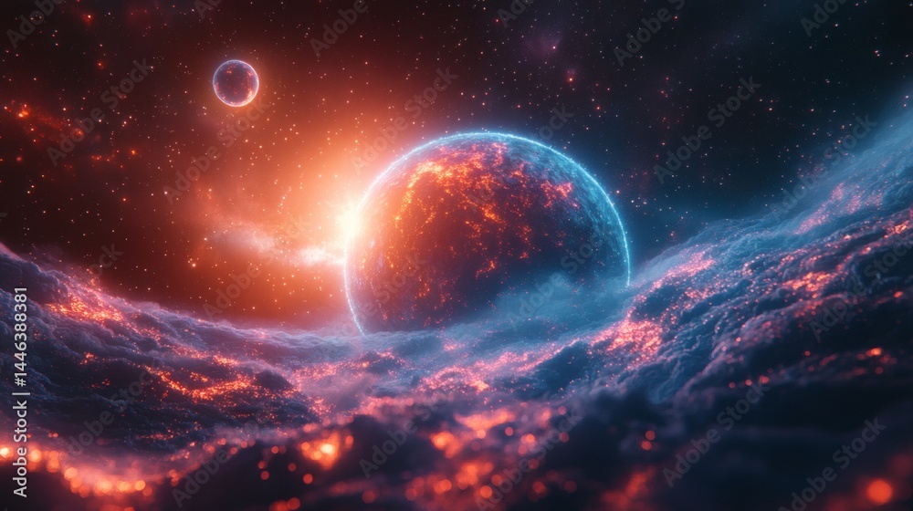Obraz premium Glowing celestial bodies, vibrant nebula cloud, distant world, starry skies, beautiful cosmic scene, abstract dreamlike space vista, on a transparent background, PNG image, PNG file.