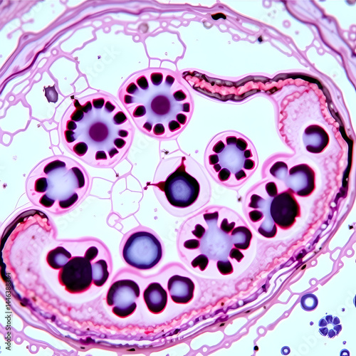 Transverse section of an ovary showing primordial, primary and secondary follicules. Light microscopy, hematoxylin and eosin stain, magnification 200x
