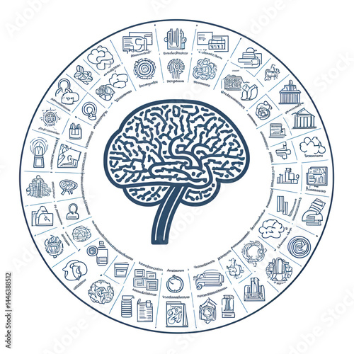 Alzheimer's disease symptoms in circle shape. Memory loss, speech violation, incoordination, mood changes, irritability, MRI, intellectual decline. Thin line icons. Vector illustration.