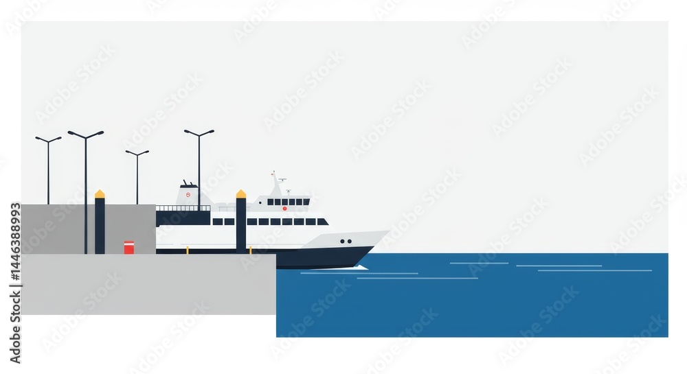 Minimalist ferry terminal graphic art on coast against white background design Minimalist ferry terminal graphic art on coast against white background design