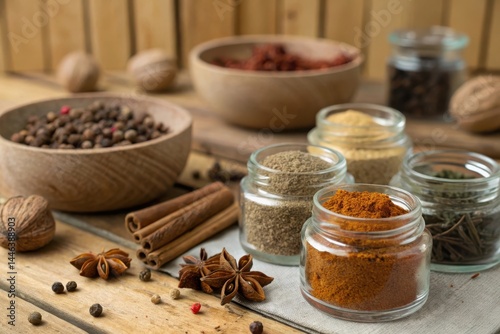 A table with a variety of spices and a bowl of peppers