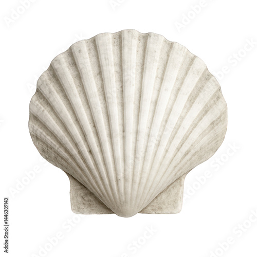 An intricate natural scallop shell, featuring prominent ribs radiating from the hinge and a gentle fan shape.