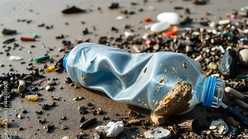 A discarded plastic bottle lies crumpled and dirty on a polluted beach, surrounded by trash and debris, symbolizing environmental degradation and neglect.