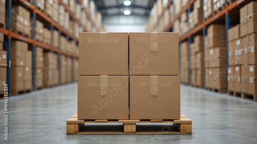 Two sturdy cardboard boxes stacked neatly on a wooden pallet in a warehouse; rows of similar boxes blur in the background, creating a sense of organized inventory and efficient logistics.
