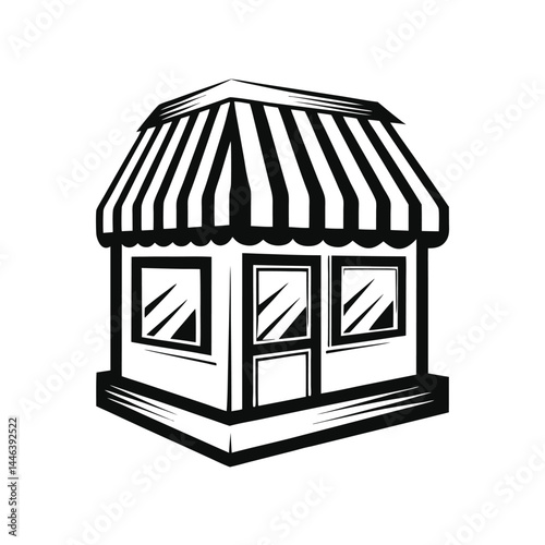 Black and White Storefront Silhouette, Striped Awning, Building, Isolated, Architecture