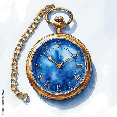 illustration of Vintage Pocket Watch With A Gold Chain, watercolor vector, isolated on a white background.