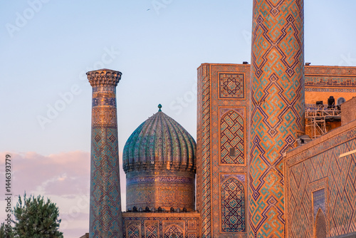 Sunset over the madrasah of Registan Square, Samarkand, Uzbekistan