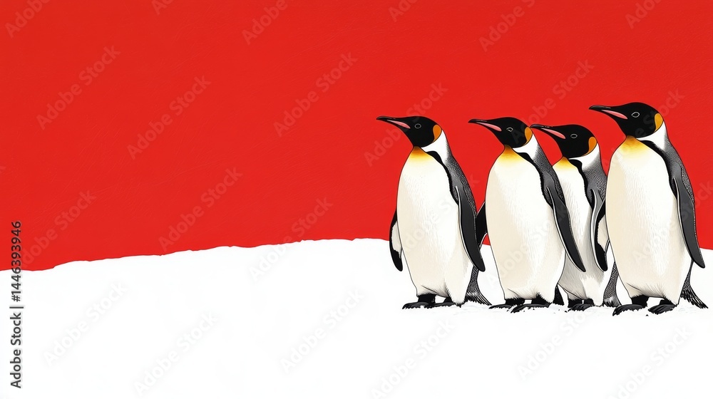 Obraz premium Four penguins are walking on snow in the direction of a red background