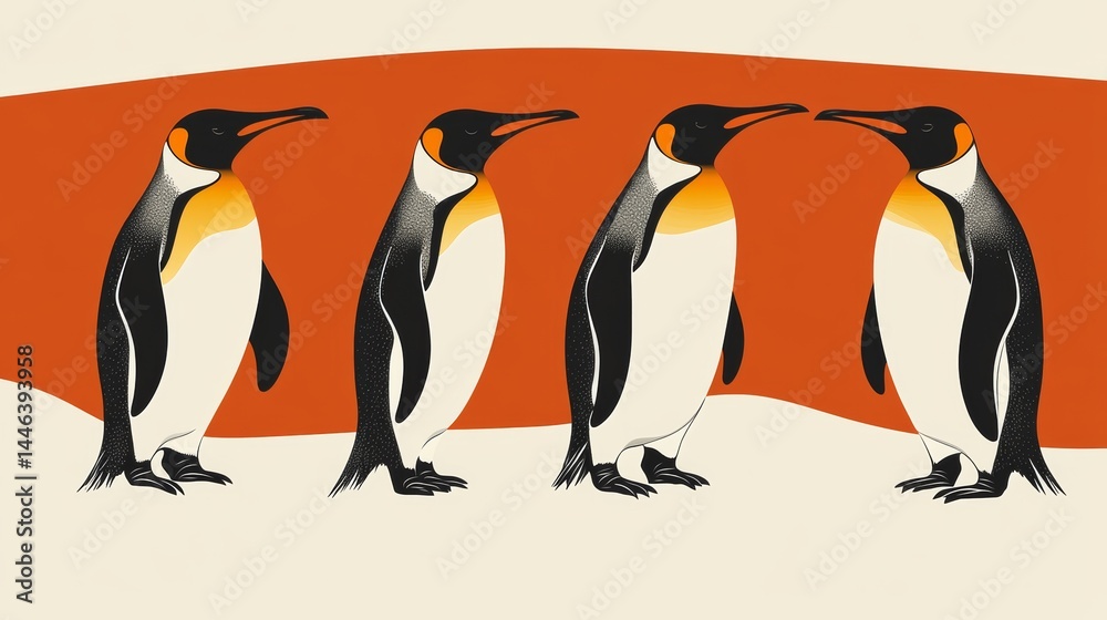 Fototapeta premium In the scene, four penguins walk on snow with a red background lying ahead