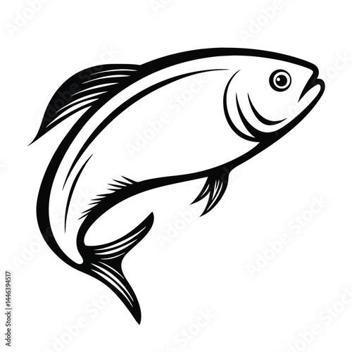 Fish Line Art, Black And White Silhouette of Aquatic Animal with Detailed Fins Design