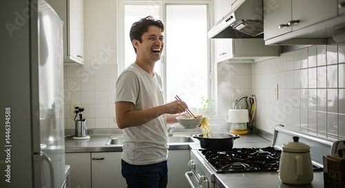 Man laughing while cooking noodles in a small apartment kitchen.