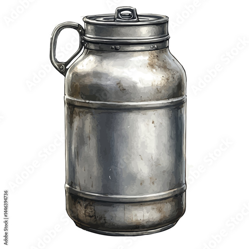 watercolor of Vintage Milk Can With Metal Handle, vector, isolated on a white background.