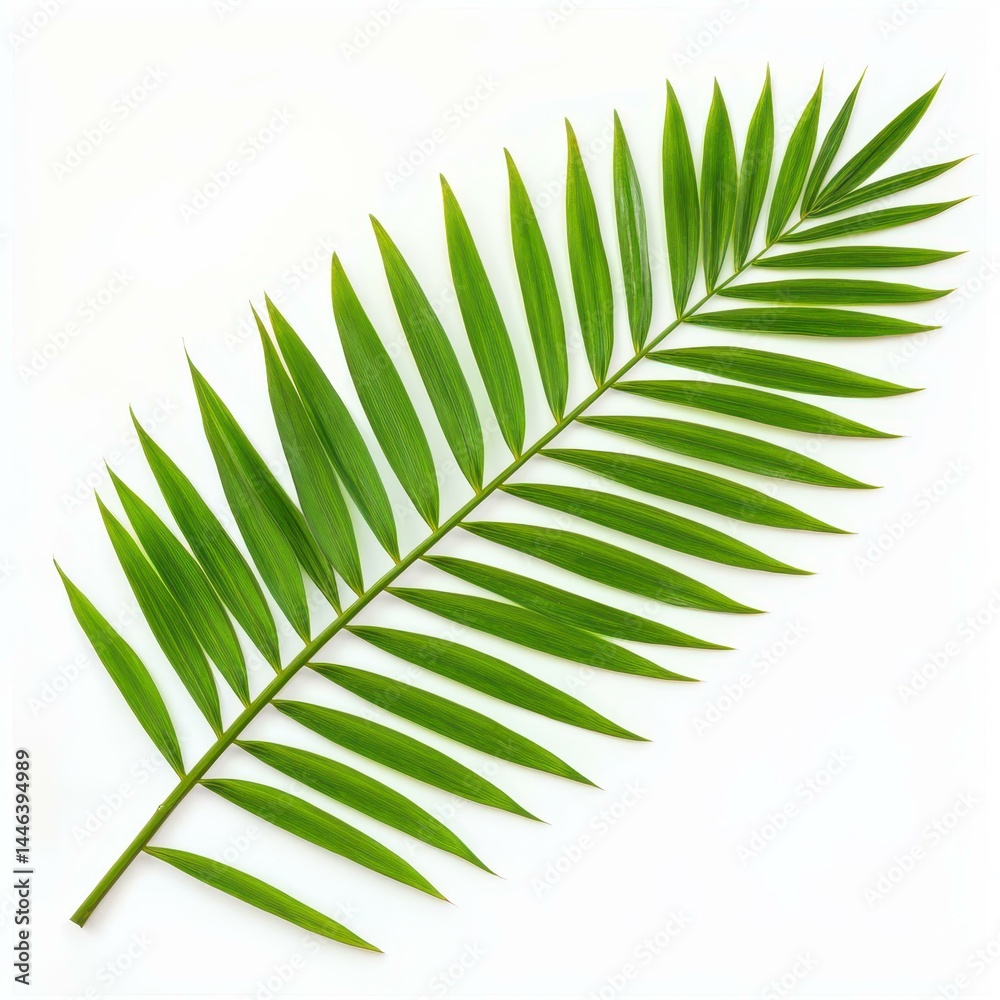 Fototapeta premium Lush tropical green palm leaf on a white backdrop, perfect for a fresh and vibrant design aesthetic.