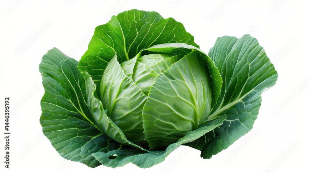 Obraz premium A fresh and vibrant cabbage, perfectly shaped and colored, showcased against a clean white backdrop.
