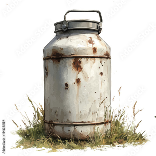 illustration of Vintage Milk Can With Metal Handle, watercolor vector, isolated on a white background.