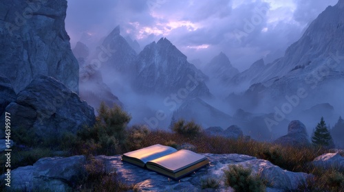 Open book on a rocky mountainside during misty sunset, fantasy concept