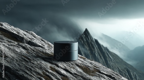 Black skin cream jar on rocky mountain with dramatic cloudy sky photo