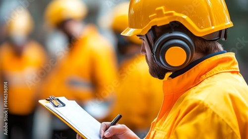 In a bustling industrial environment, a seasoned professional methodically records observations, exemplifying meticulous planning and preparation