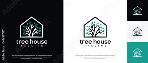 nature real estate building logo designs. Tree house logo icon made with lines