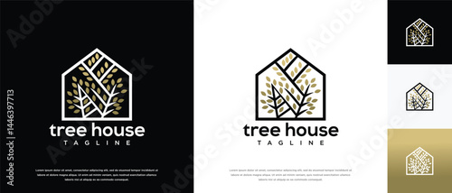 nature real estate building logo designs. Tree house logo icon made with lines