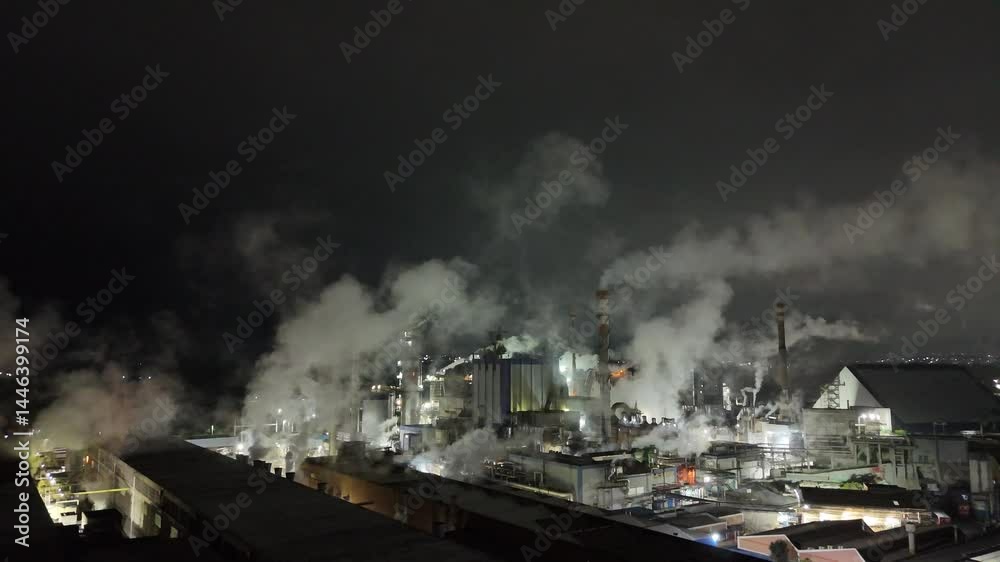 produção de papel e celulose em operação. Fábrica iluminada, chaminés ativas e estruturas industriais em destaque sob o céu escuro, vista aérea de drone