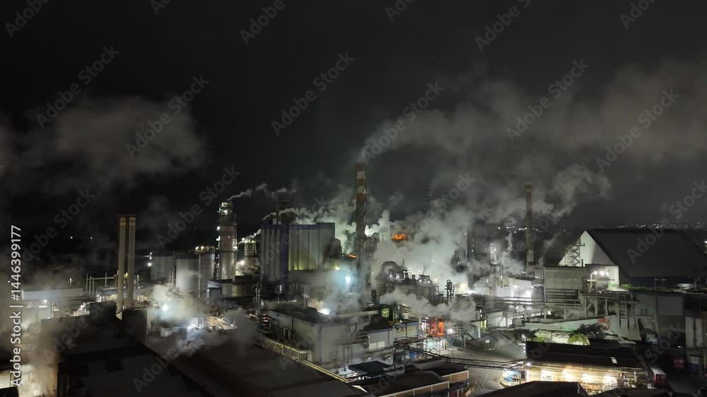 imagem aérea noturna 4k de indústria de papel revela forte emissão de poluentes e vapores, simbolizando o impacto ambiental da produção em larga escala no setor fabril