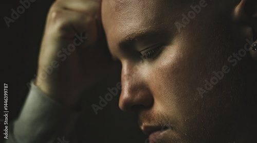 Thoughtful man gazes downwards, hand on head, close-up