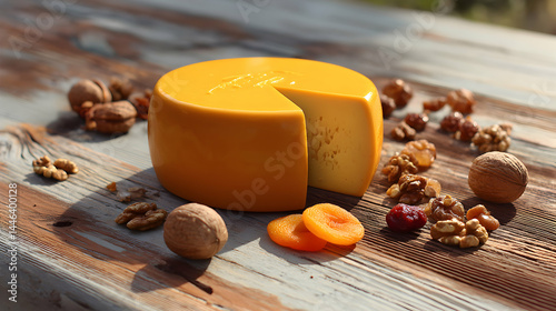 Gouda Cheese Round Wheel with Slice Cut Walnuts and Dried Apricots on Rustic Wooden Board Breakfast Snack Food