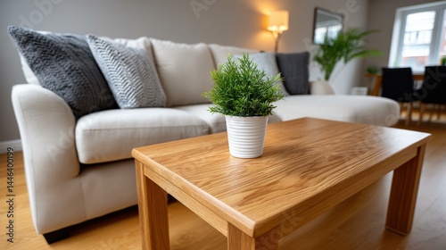 A bright and cozy living room features a white sofa, wooden coffee table, and lush green plants for a serene atmosphere.