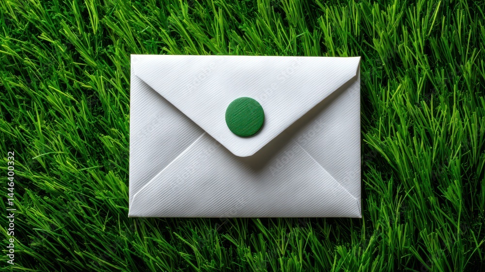 An unopened mail envelope rests on vibrant green grass, creating a serene and fresh visual scene.