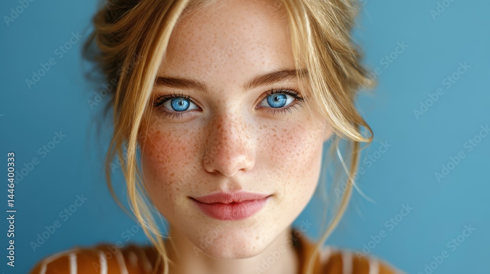 Stunning beauty shot of a young woman highlighting her clear skin, natural freckles, and striking blue eyes.