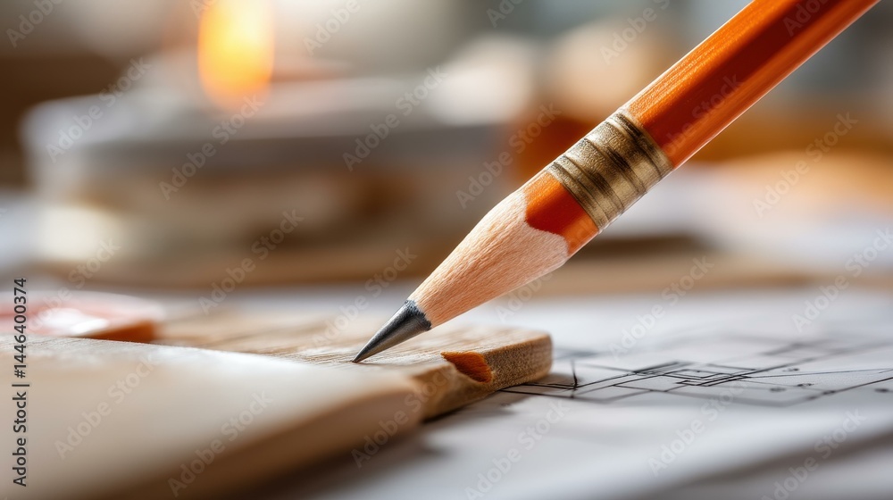 A sharp pencil poised over a blank architectural blueprint, symbolizing precision and creativity in design work.