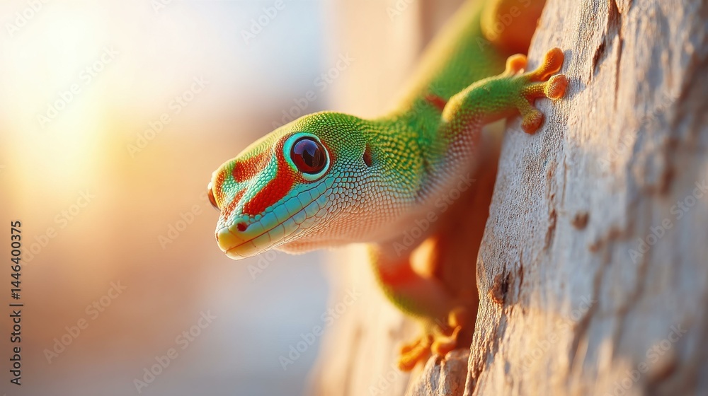 A vibrant gecko with striking red eyes, expertly climbing a tree, showcases the beauty of exotic wildlife.