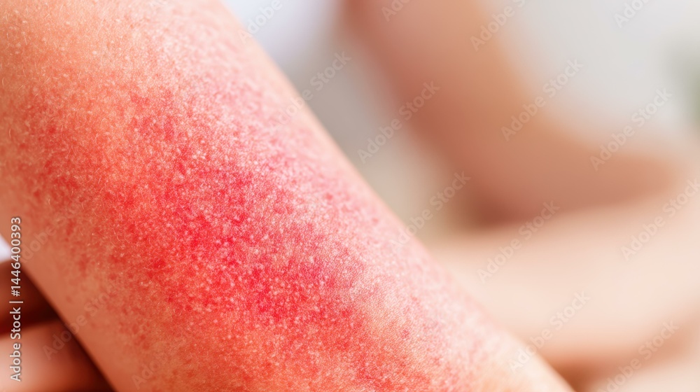 A closeup view of a skin allergy rash showcases red, itchy bumps, highlighting irritation and dermatitis effects.
