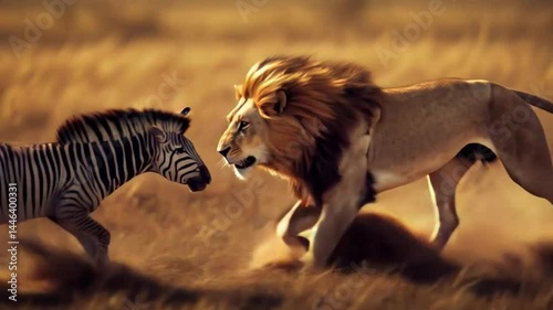 Lion chasing zebra in African savanna; wildlife hunt