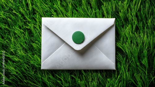 Obraz na płótnie An unopened mail envelope rests on vibrant green grass, creating a serene and fresh visual scene. w salonie