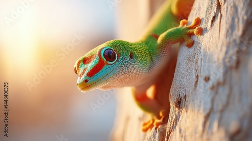 Obraz na płótnie A vibrant gecko with striking red eyes, expertly climbing a tree, showcases the beauty of exotic wildlife. w salonie