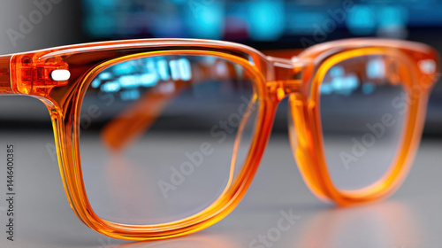 Futuristic orangetinted glasses reflect a glowing tech screen, embodying the essence of cybersecurity innovation.