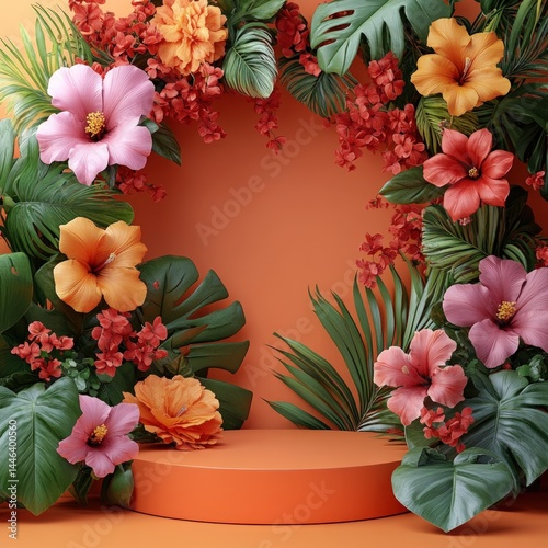 Tropical floral display on an orange pedestal