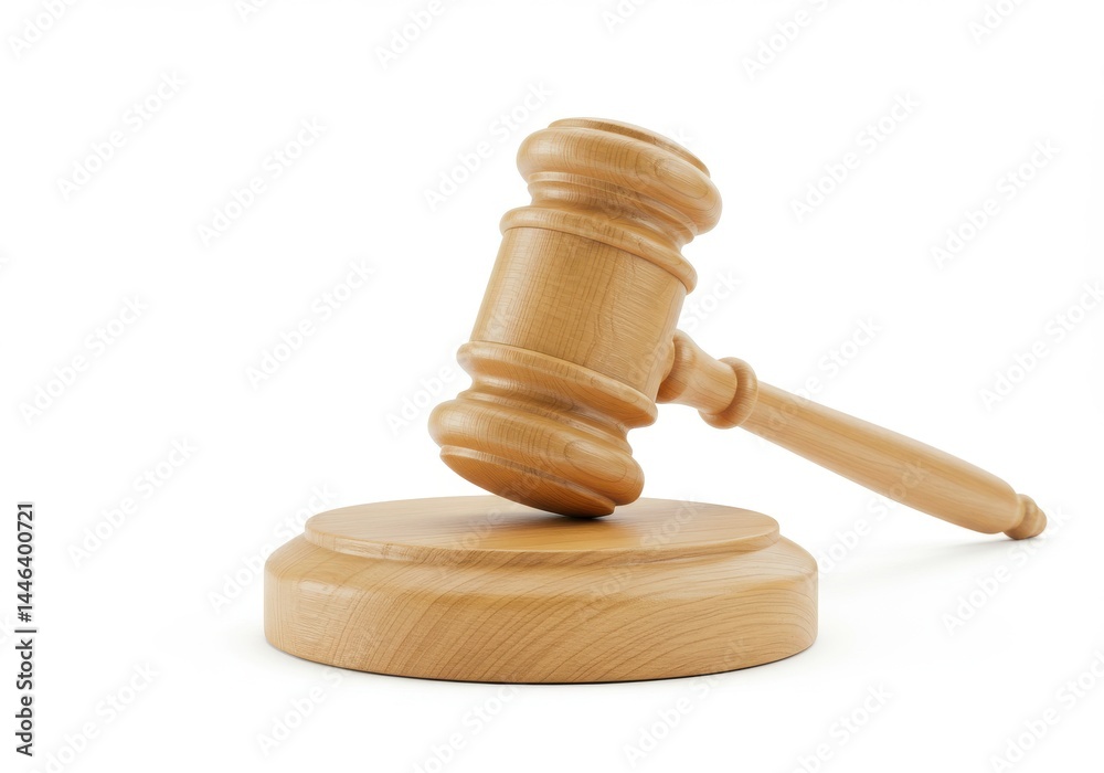 Wooden gavel resting on block on white background Wooden gavel resting on block on white background