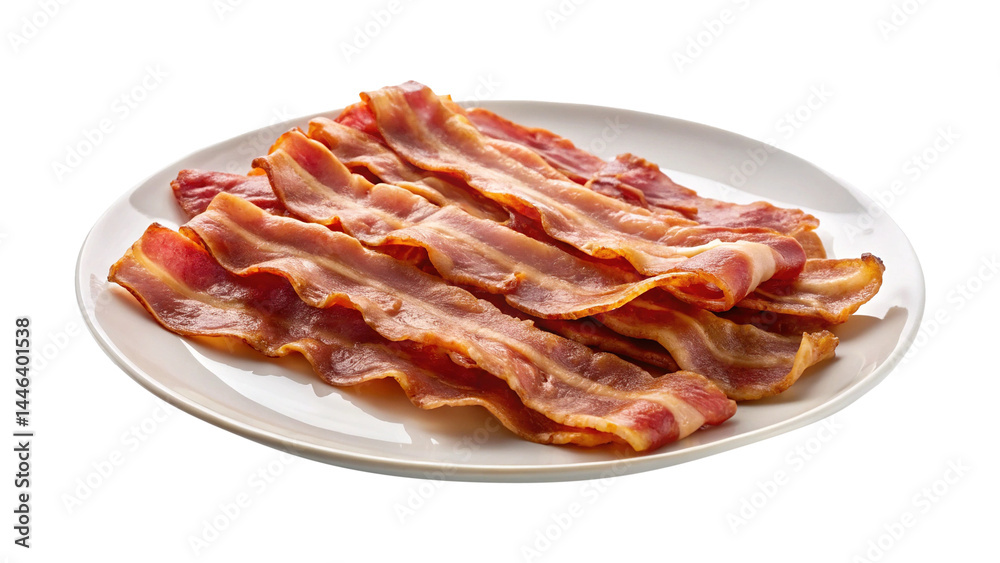 Crispy fried bacon strips beautifully arranged on a transparent plate for breakfast Crispy fried bacon strips beautifully arranged on a transparent plate for breakfast