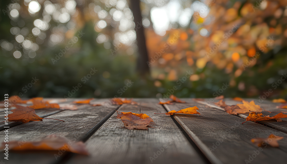 Fototapeta premium Wooden surface with beautiful autumn leaves on blurred background