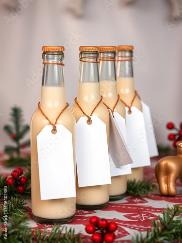 Mockup, a row of 5 glass bottles of egg nog with blank white tags around the bottle neck, lined up on a christmas themed table,