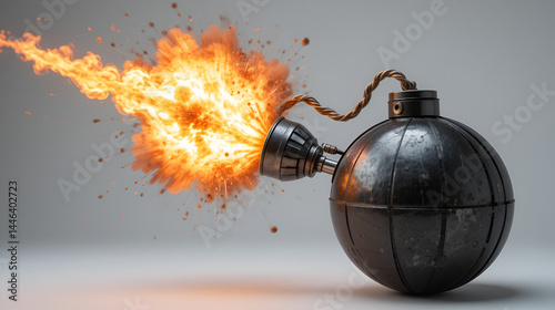 Explosive bomb with a burning fuse and 3D metal sphere design symbolizing danger and explosion